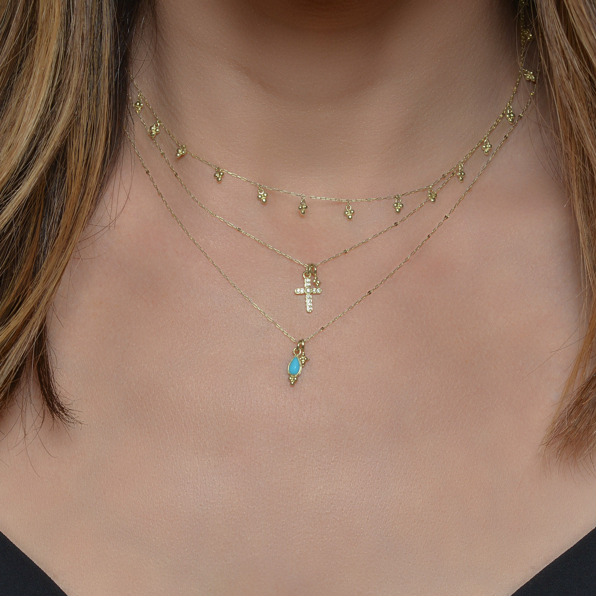 Petite Pave Diamond Cross Pendant With Hanging Quad - Image 3