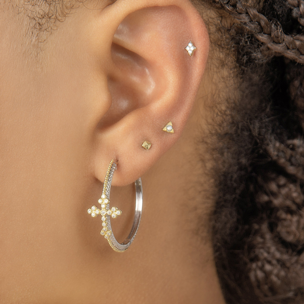 Mixed Metal Woven Rope Hoop Earrings With a Center Cross Design - Image 2